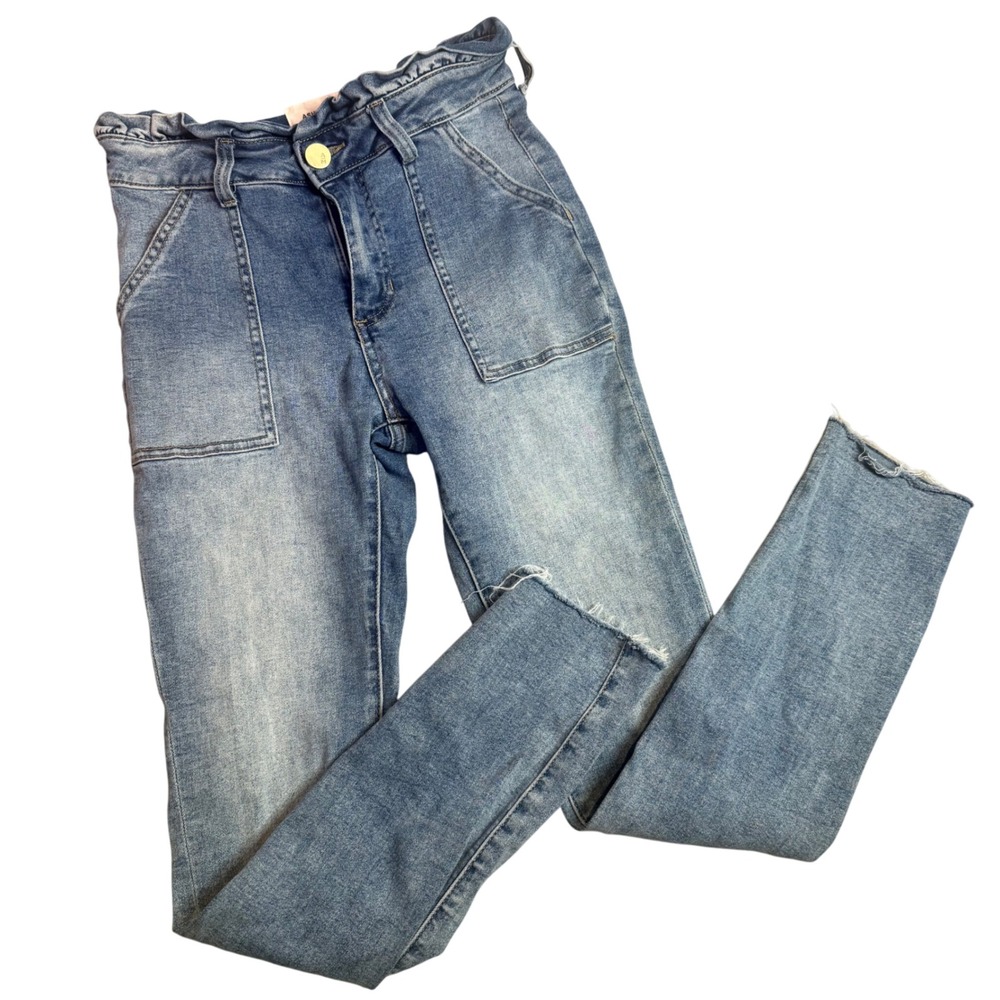 High Rise Patch Pocket Distressed Skinny Jeans Juniors Size 3 Ruffle Waist Fray